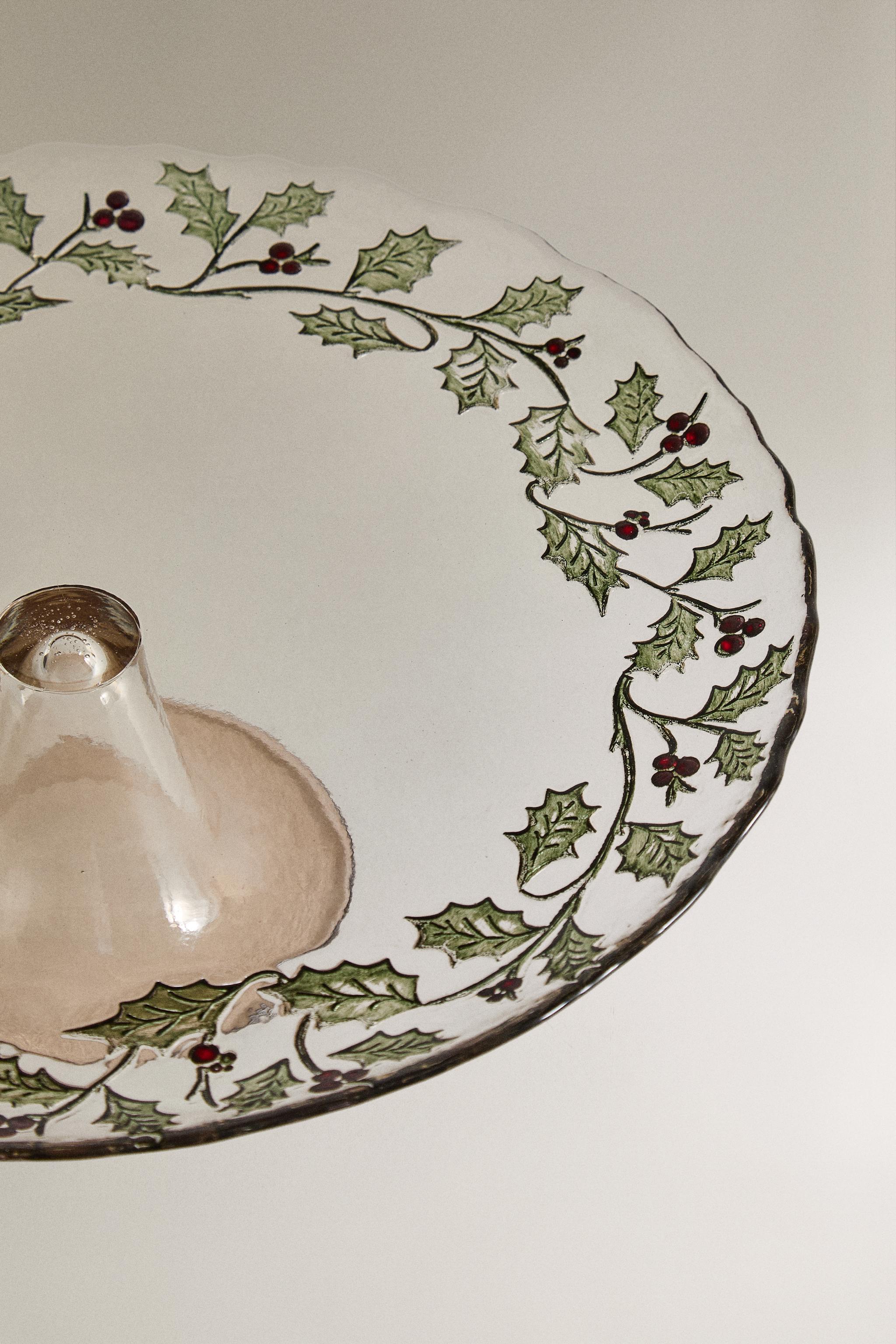 CHRISTMAS HOLLY LEAF GLASS CAKE DISH